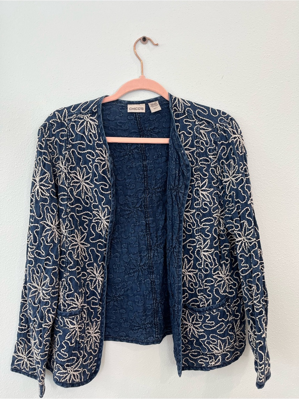 Chico's Navy Jacket with Cream Floral Embroidery